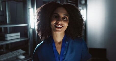 Canvas Print - Woman, tablet and face for technology as computer engineer and problem solving in data centre. Developer, digital and happy portrait in server room, job and it infrastructure for network programming