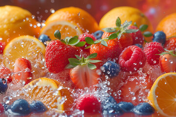 Close up of colorful variety of fresh fruits in water splash