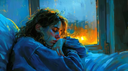 Peaceful Woman Sleeping by Rainy Window with Warm Light Outside,Psychiatric patients disorders depression concept