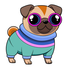 cute  cartoon pug wearing a tracksuit and glasses