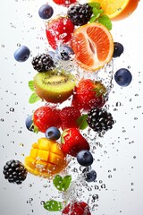 Wall Mural - Splash of Summer Fruits Falling on White Background