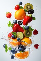 Wall Mural - Splash of Summer Fruits Falling on White Background