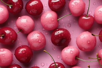 Wall Mural - Top View of Pink and Red Cherries with Droplets on Pink Background
