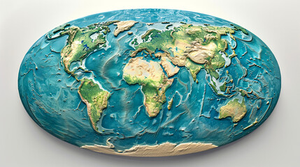 ai-generated detailed world map with raised relief showcasing continents and oceans on neutral backg