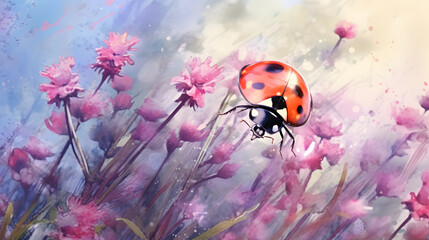 Wall Mural - Ladybug in Nature watercolor