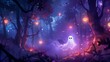 © valiantsin - Spooky Halloween nights in misty forests with eerie lights, pumpkins, and ghostly figures, perfect