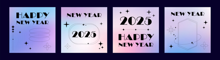 Wall Mural - New Year 2025 stylish square card covers and post templates. Modern gradient backgrounds and geometric abstract shapes, trendy Y2K minimalist aesthetic