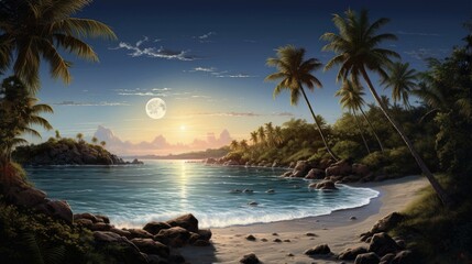 Wall Mural - The setting sun casts a golden glow over the calm sea. The palm trees sway gently in the breeze.