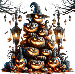 Wall Mural - Spooky Pumpkin Tower with Witch Hat and Lanterns, Halloween Art on white background