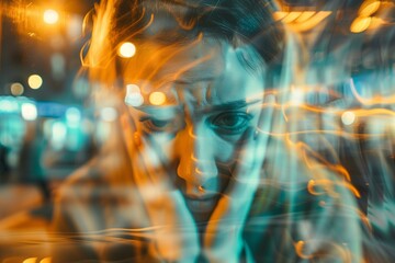 Wall Mural - A close up of a person experiencing anxiety, with a focus on their tense facial expression and