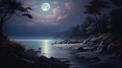 Wall Mural - The full moon rises over a tranquil sea, casting a silvery glow on the water.