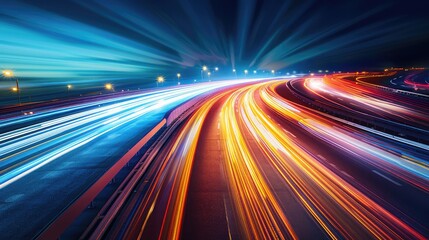 Poster - Abstract view on elevated highway, speeding concept, headlamp trails with motion blur effect at night city street, Colored lines on road with long exposure effect
