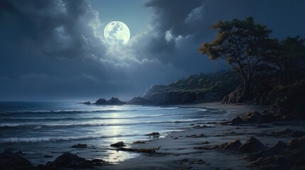 Wall Mural - The full moon rises over a rocky beach. The waves are gently crashing on the shore. The sky is dark and there are clouds.