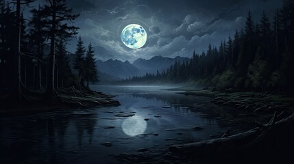 the full moon rises over a tranquil mountain lake, casting a silvery glow on the water and illuminat
