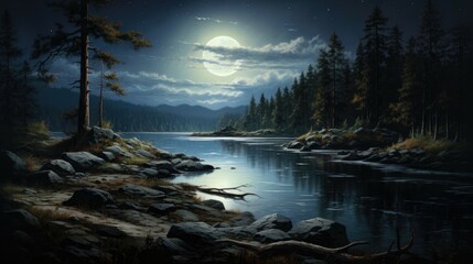 Wall Mural - The full moon rises over a tranquil mountain lake, casting a silvery glow on the water and illuminating the rugged shoreline.