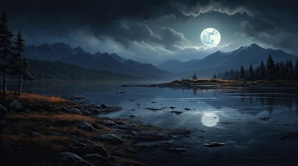 Wall Mural - The full moon rises over a tranquil mountain lake, casting a silvery glow on the water and illuminating the rugged peaks.