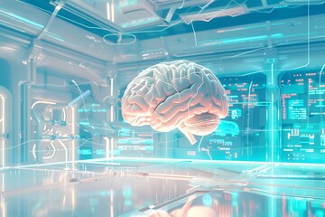 Wall Mural - A style illustration of a brain floating in a futuristic, abstract environment. The brain is