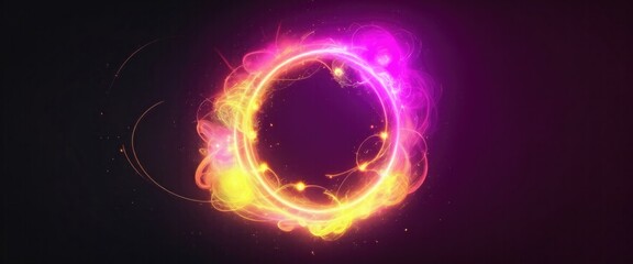 Wall Mural - Circle and loop frames with magic Yellow and pink flame and sparks on dark background, Abstract neon energy sphere of particles and waves of magical glowing on a dark background