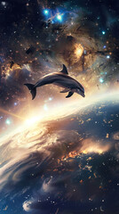 Wall Mural - Dolphin in space above the Earth with sunrise light