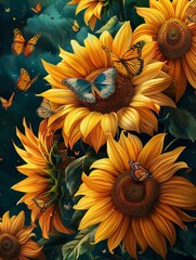 Wall Mural - sunflowers with butterflies 