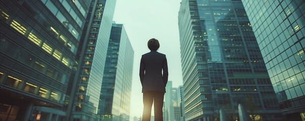 A professional figure in a business suit stands amidst towering skyscrapers in a bustling city, highlighting themes of leadership, ambition, and a bright corporate future.