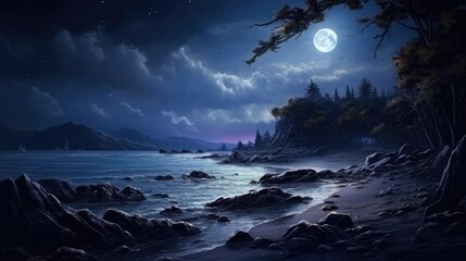 Wall Mural - Rocky beach at night with a full moon and a starry sky. The water is calm and still, reflecting the light of the moon.