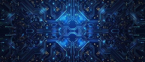 Abstract blue glowing circuit board background with digital technology and connection concept.