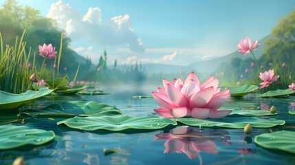 Canvas Print - Lotus Flower Background with Calm and Peaceful Lotus Lake