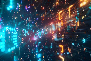 Wall Mural - digital data stream flowing through cyberspace with numerical and light trail abstractions