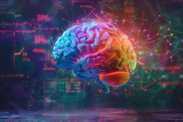 Wall Mural - A high resolution graph of a human brain with neural pathways highlighted in vibrant colors,