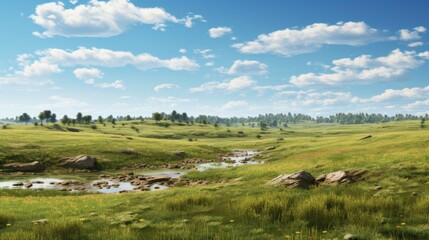 Wall Mural - Amazing landscape with green hills and blue sky. The sun is shining brightly and there are white clouds dotting the sky.