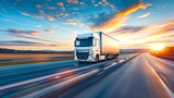Modern truck driving on a highway during sunset. This high-resolution, digitally crafted image shows transportation and logistics concepts. Ideal for marketing materials and industry presentations. AI