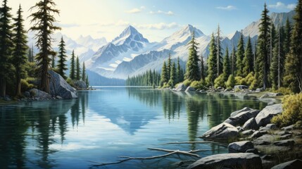 Wall Mural - The image is of a beautiful mountain lake. The water is calm and clear, and the sky is blue and sunny.