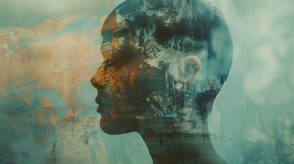 Wall Mural - a surreal of a person with multiple transparent layers of their head, each layer slightly shifted,
