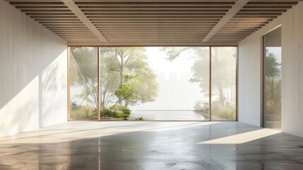 Wall Mural - Modern contemporary empty hall with nature view overlooking the living room behind the room has concrete floors, plank ceilings and blank white walls for copy space, sunlight enter the : Generative AI