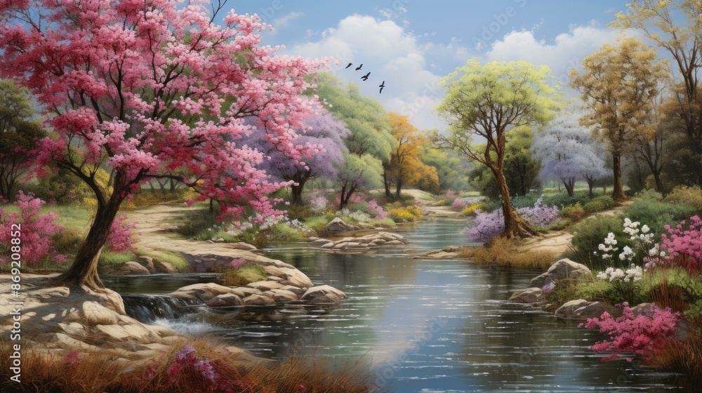 The image is of a beautiful landscape with a river running through it ...