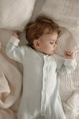 A baby sleeping on a blanket in light blue color clothes. Top view. Pajama mockup