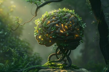 Wall Mural - style abstract psychology concept with brain like shapes formed from intertwined vines and leaves,