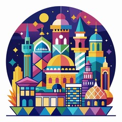 Wall Mural - lights, city, buildings, cityscape, Colorful mosaic artwork depicting stylized nighttime cityscape, isolated on clean white background, perfect for any urban-themed context