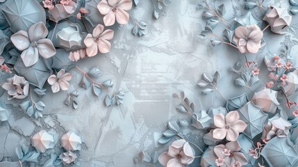 Poster - A minimalist and modern floral design with geometric shapes in blue and pink tones on a light blue background. Generative AI
