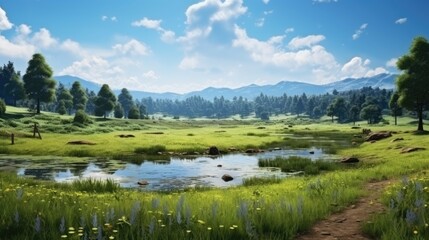 Wall Mural - The image is of a beautiful landscape with a pond in the foreground, surrounded by lush green grass and wildflowers.