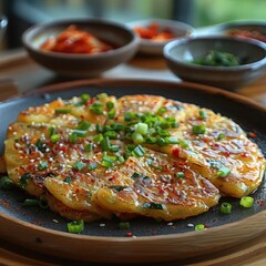 Wall Mural - A plate of haemul pajeon with green onions and seafood