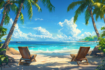 Tranquil Beach Scene with Palm Trees and Lounge Chairs