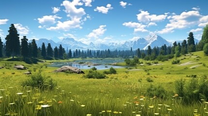 Wall Mural - The image is of a beautiful landscape with a lake, mountains, and trees. The sky is blue and there are white clouds.