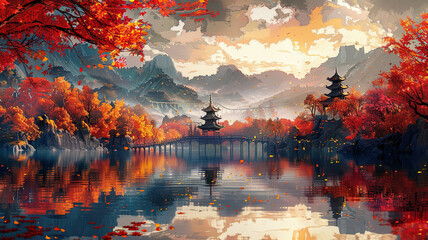 Chinese autumn landscape with mountains and river. Generated by artificial intelligence