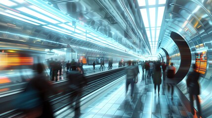 A illustration of a crowded subway station at rush hour, with a long shutter effect creating streaks