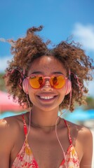 Wall Mural - A young woman wearing glasses and headphones by the seaside