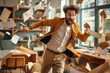 © gearstd - A highly animated man in an orange blazer runs through an office with papers flying around, showing urgency and chaos in a busy workplace.