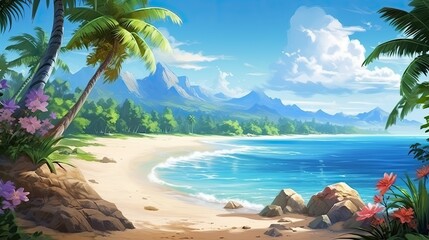 Wall Mural - Beautiful summer landscape with palm trees, blue ocean and white sand beach. Amazing travel destination for vacation and relaxation.