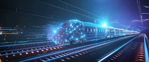 Abstract polygonal wireframe modern train on the railway, blue glowing lines and dots connection structure with motion effect for transportation technology concept backgroud